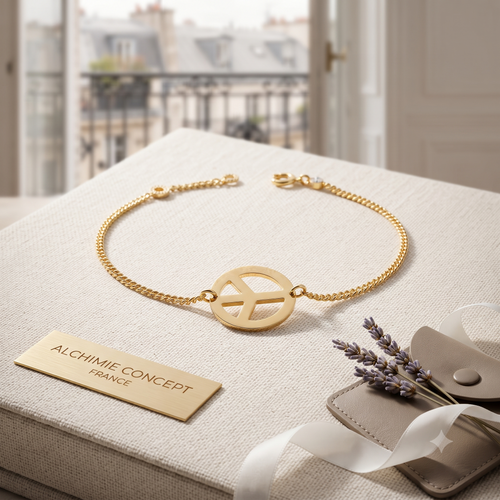 * Bracelet Souple Peace and Love Strass Doré – Cercles Symboles | Alchimie Concept France