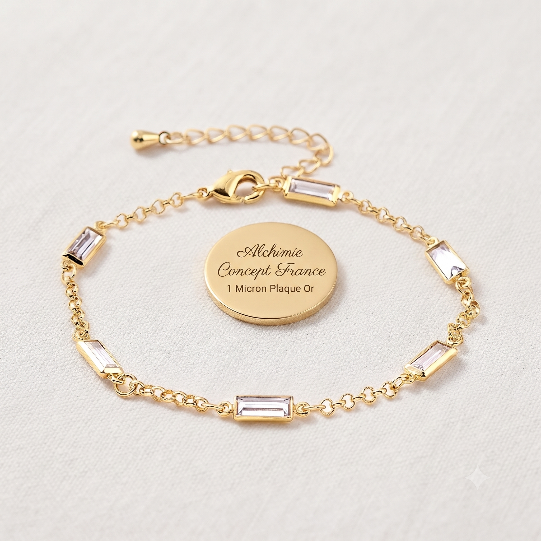 * Bracelet Femme Souple Doré Plaqué Or 1 Micron — Diamant CZ Rectangle 18+3 cm