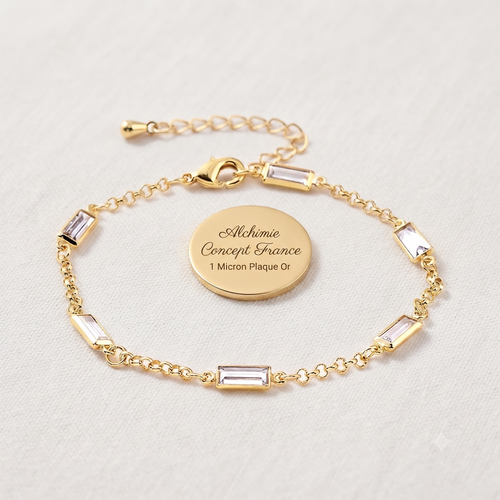 * Bracelet Femme Souple Doré Plaqué Or 1 Micron — Diamant CZ Rectangle 18+3 cm