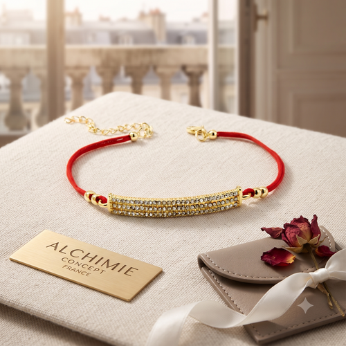 * Bracelet Cordons Rouges Motif Rectangle CZ Doré – Plaqué Or | Alchimie Concept France