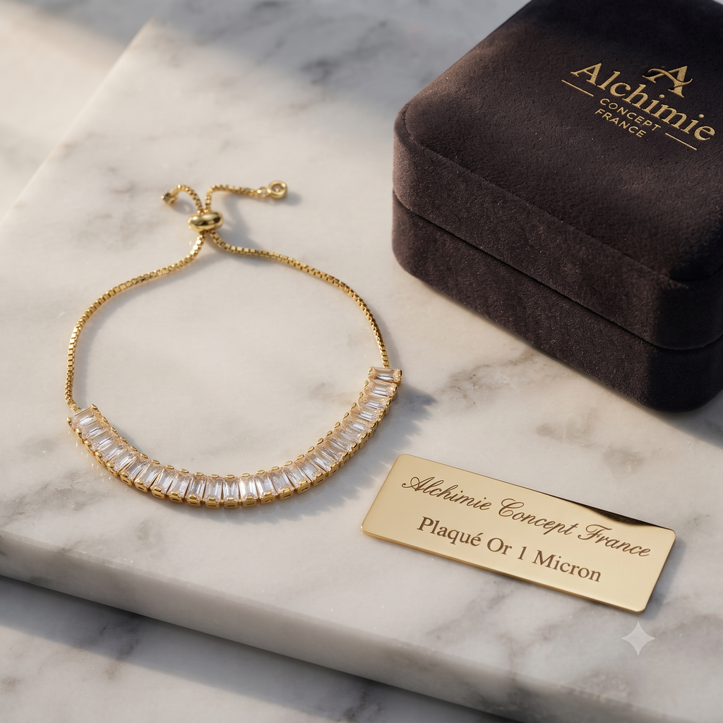 * Bracelet Femme Coulissant Doré Plaqué Or 1 Micron — Zirconiums Blancs Scintillants