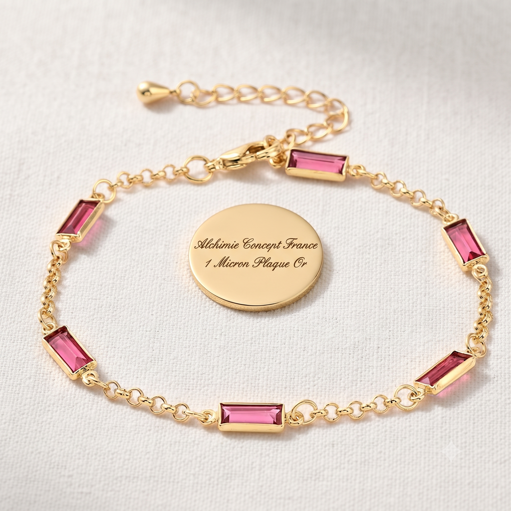 * Bracelet Femme Souple Doré Plaqué Or 1 Micron — Diamant CZ Rectangle Rose 18+3 cm
