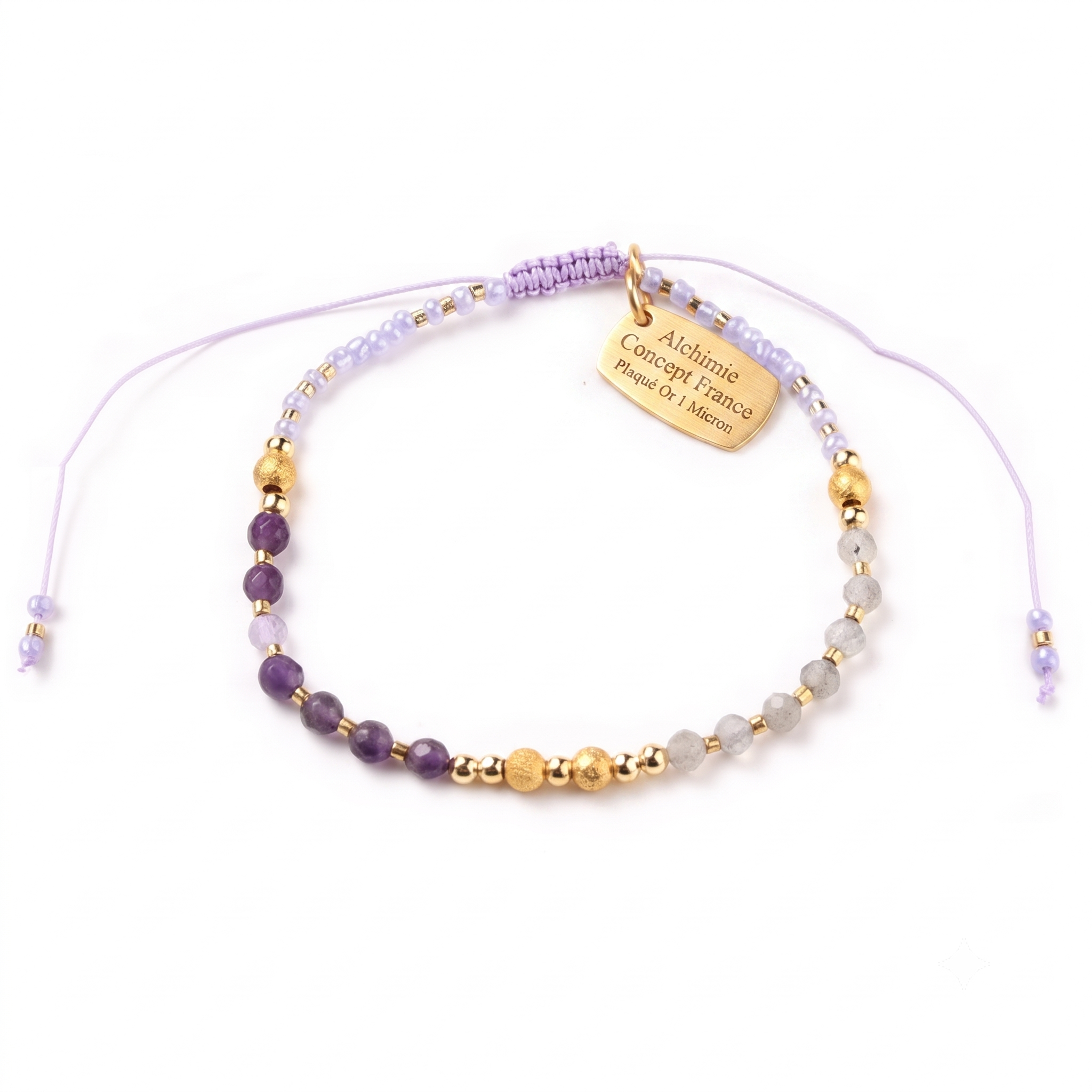 * Bracelet Femme Perles Rocaille Mauve & Or Plaqué Or 1 Micron — Réglable Souple