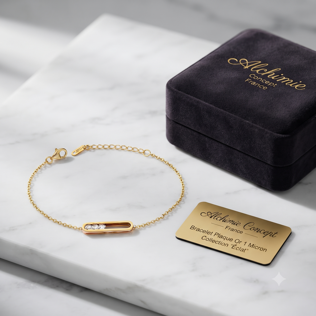 * Bracelet Femme Acier Plaqué Or 1 Micron — Ligné de Zirconiums Étincelants