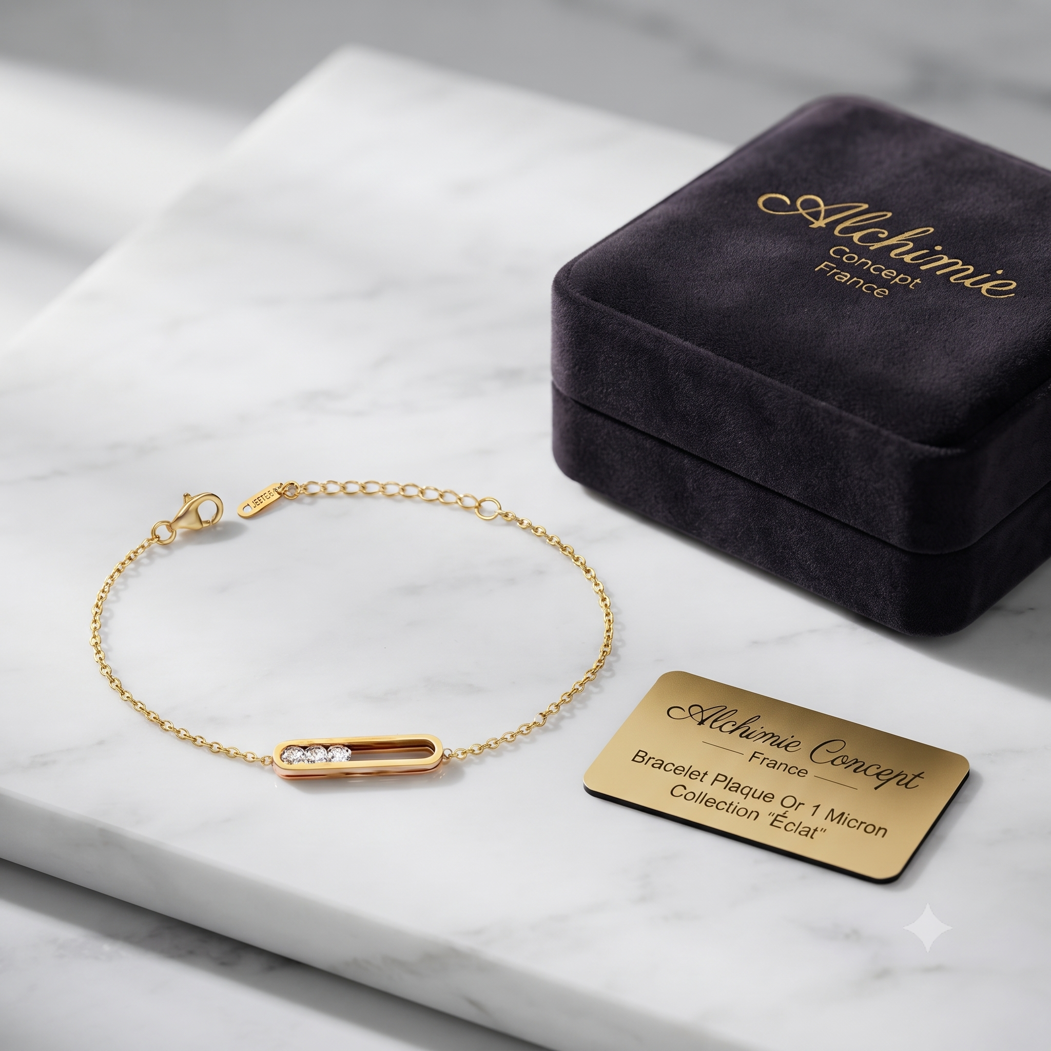 * Bracelet Femme Acier Plaqué Or 1 Micron — Ligné de Zirconiums Étincelants