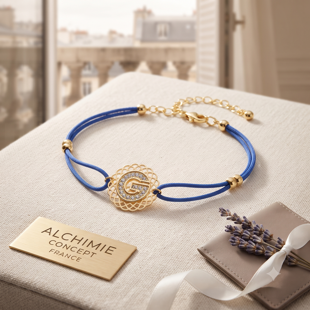 * Bracelet Cordon Bleu Lettre G Strass – Rosace Zirconiums Doré | Alchimie Concept France