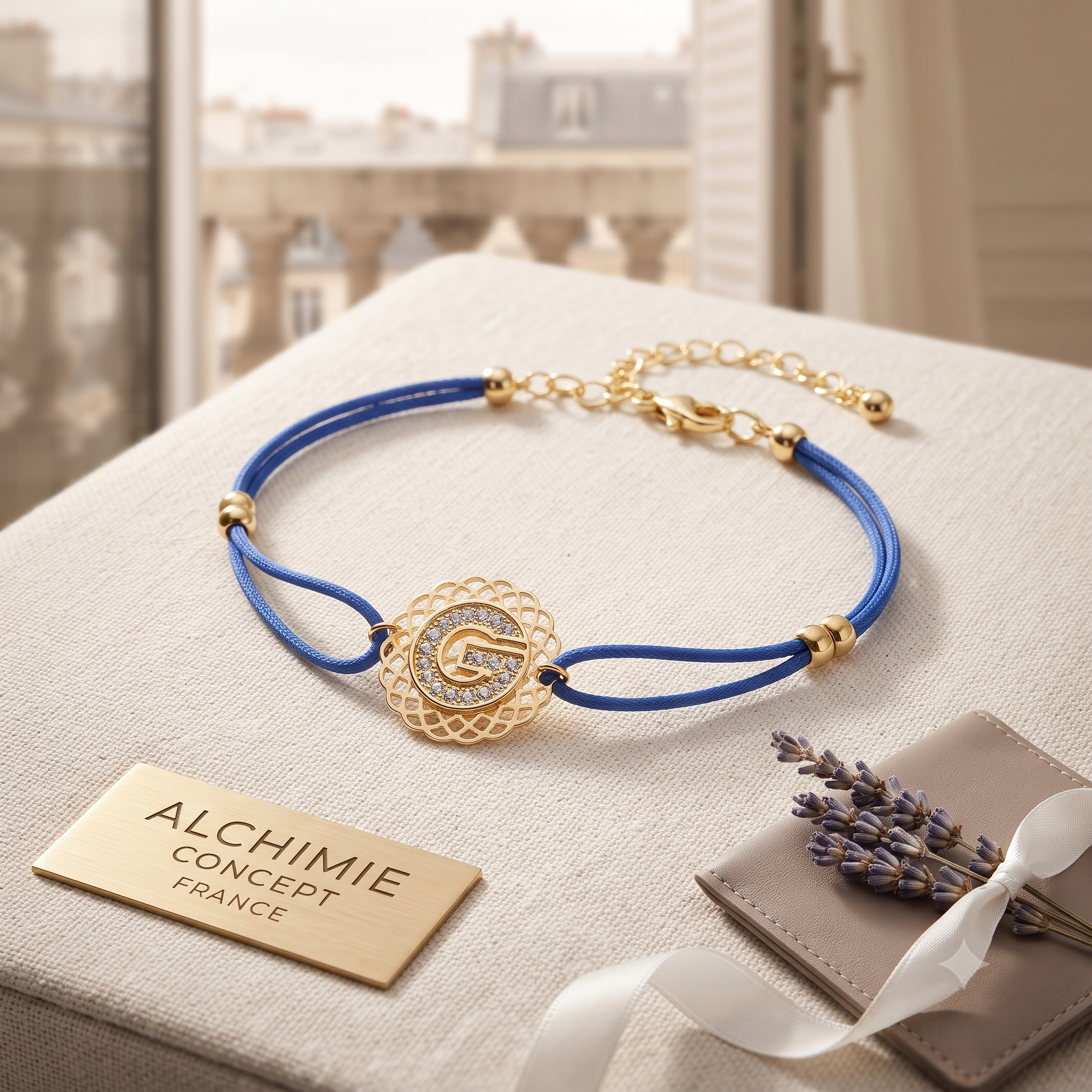 * Bracelet Cordon Bleu Lettre G Strass – Rosace Zirconiums Doré | Alchimie Concept France