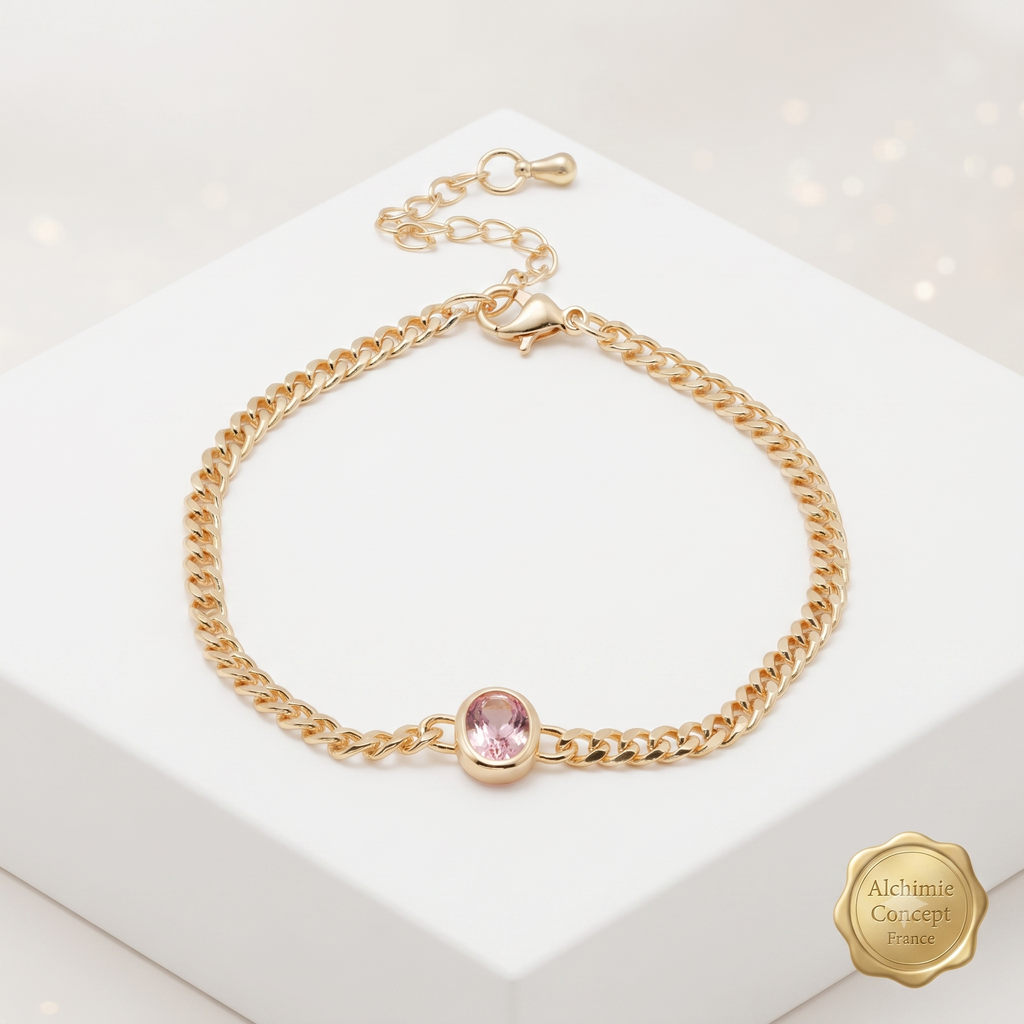 * Bracelet Femme Souple Doré Plaqué Or 1 Micron — Pendant Ovale Rose 18+5 cm