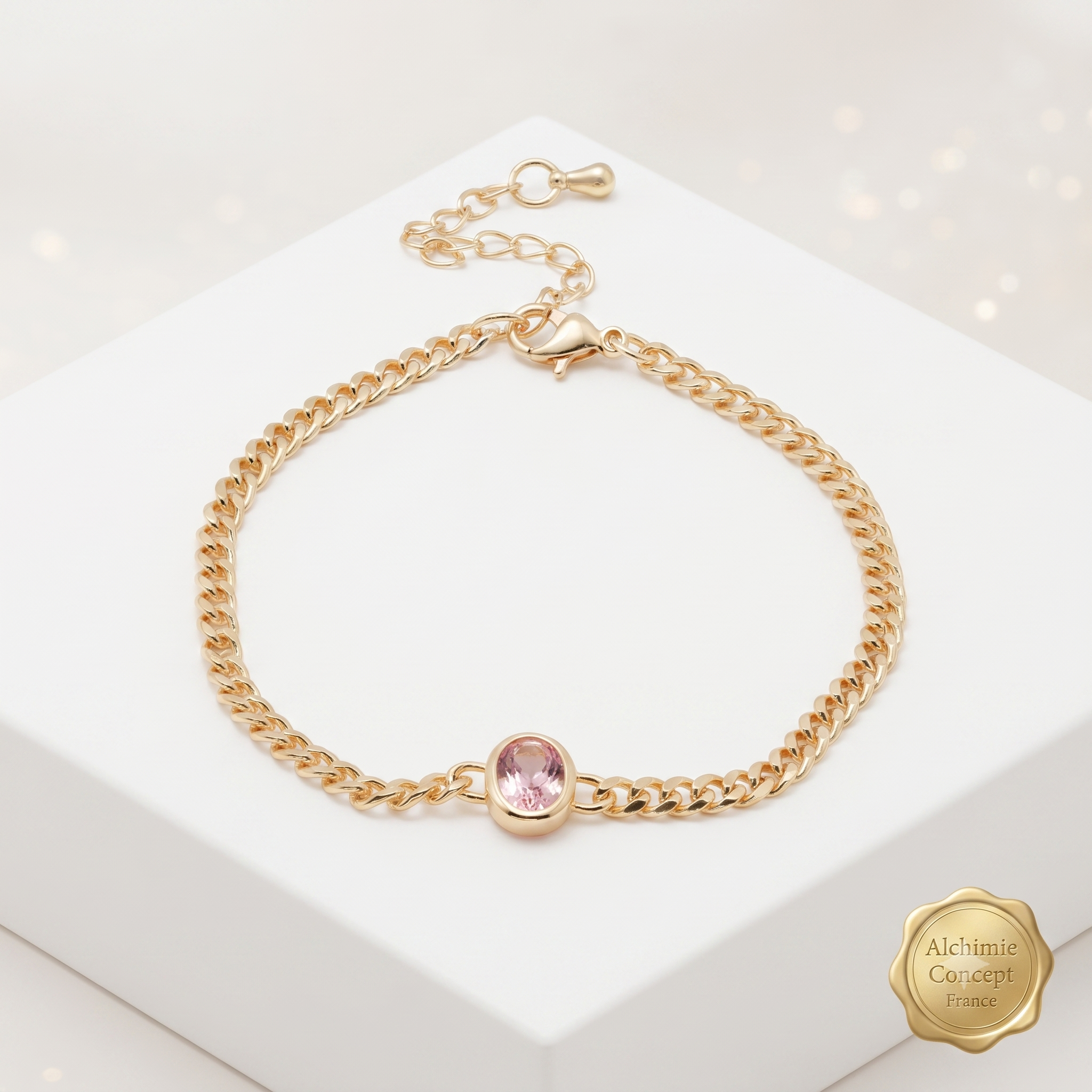 * Bracelet Femme Souple Doré Plaqué Or 1 Micron — Pendant Ovale Rose 18+5 cm