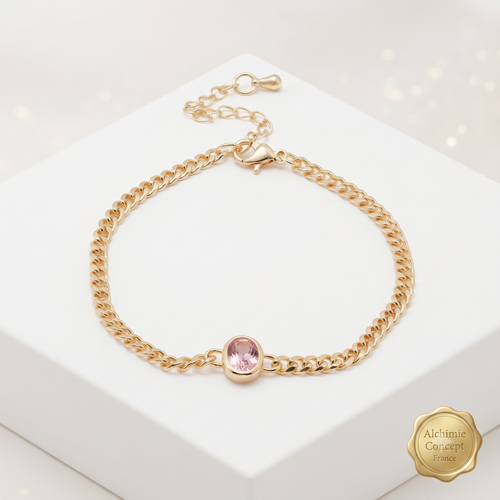 * Bracelet Femme Souple Doré Plaqué Or 1 Micron — Pendant Ovale Rose 18+5 cm