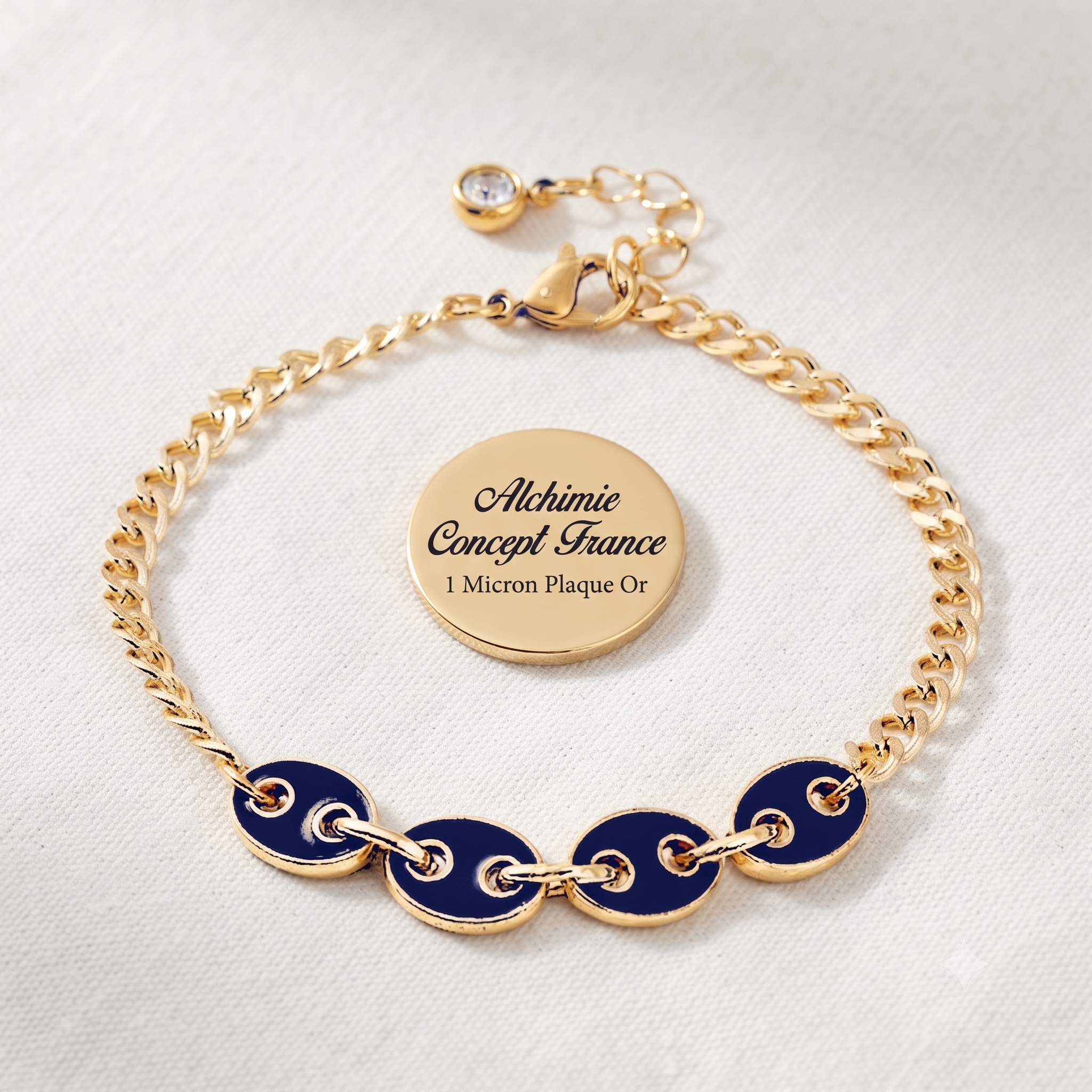 * Bracelet Femme Grain de Café Doré Plaqué Or 1 Micron — Breloque Bleu Nuit 17+4 cm