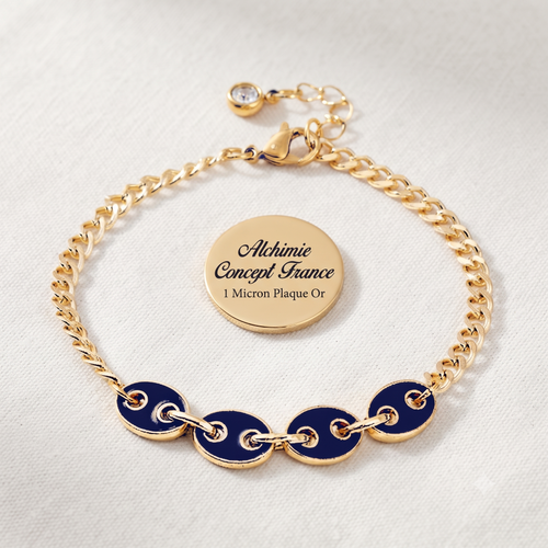 * Bracelet Femme Grain de Café Doré Plaqué Or 1 Micron — Breloque Bleu Nuit 17+4 cm