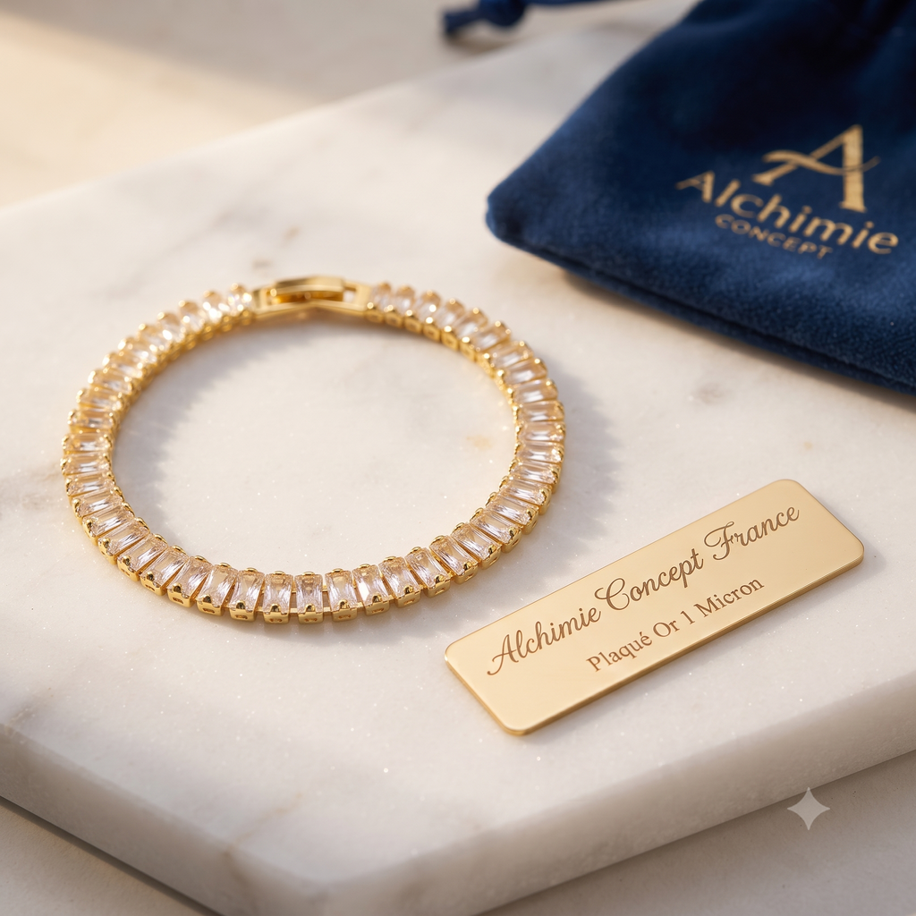 * Bracelet Femme Doré Plaqué Or 1 Micron — Zirconiums Blancs Scintillants 17 cm