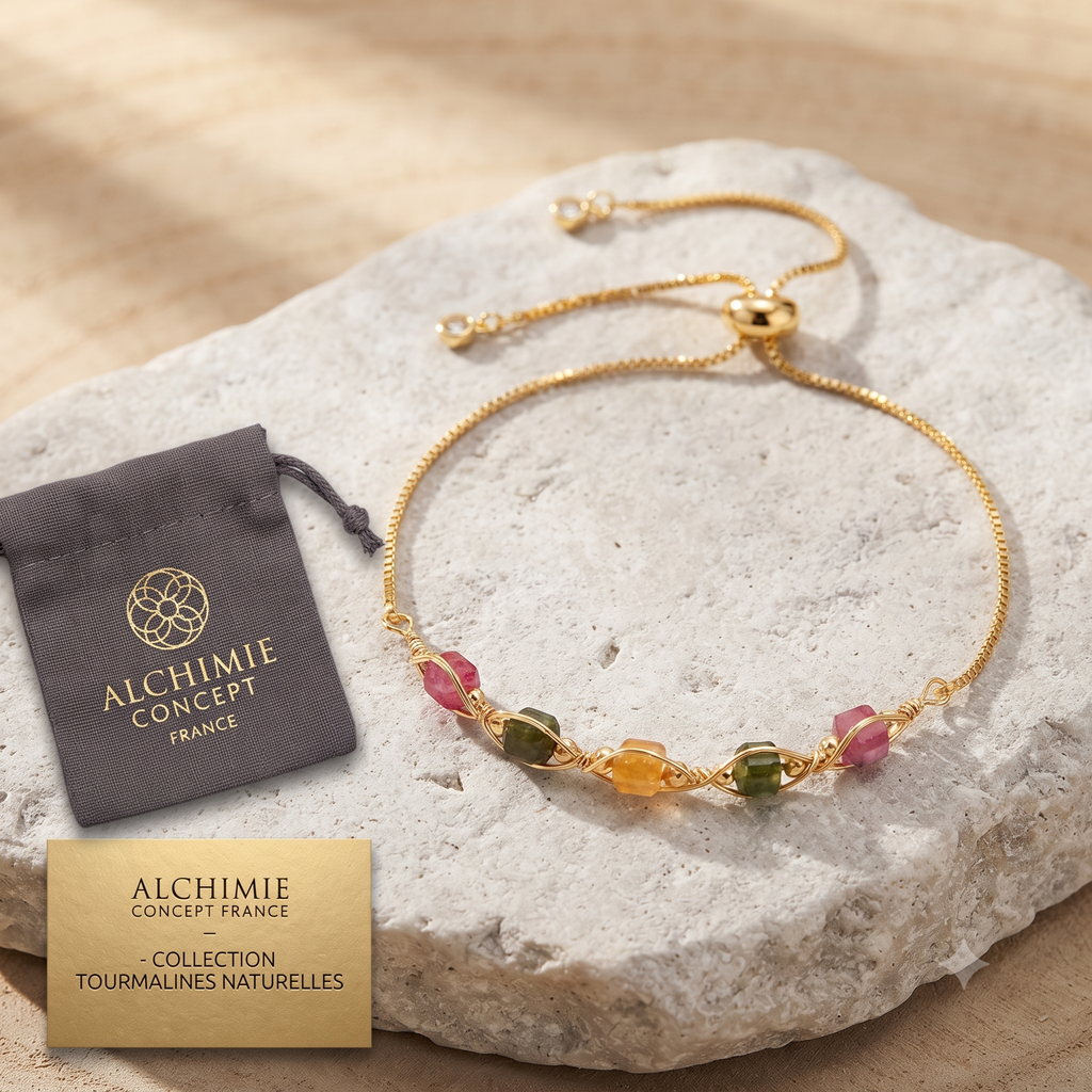 * Bracelet Femme Doré Or Fin & Pierres Tourmaline Naturelles – Plaqué Or 1 Micron | Réglable