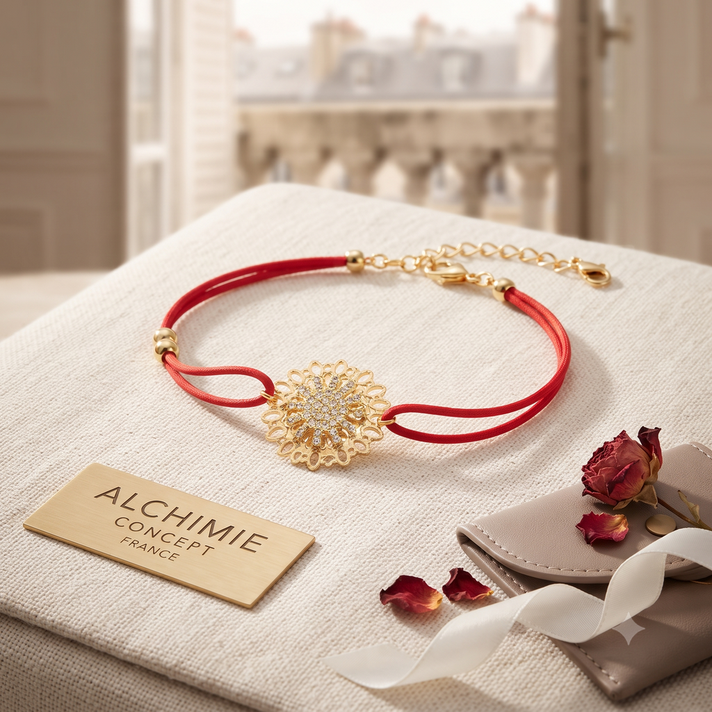 * Bracelet Double Cordon Rouge Fleur CZ & Perles Dorées – Plaqué Or | Alchimie Concept France