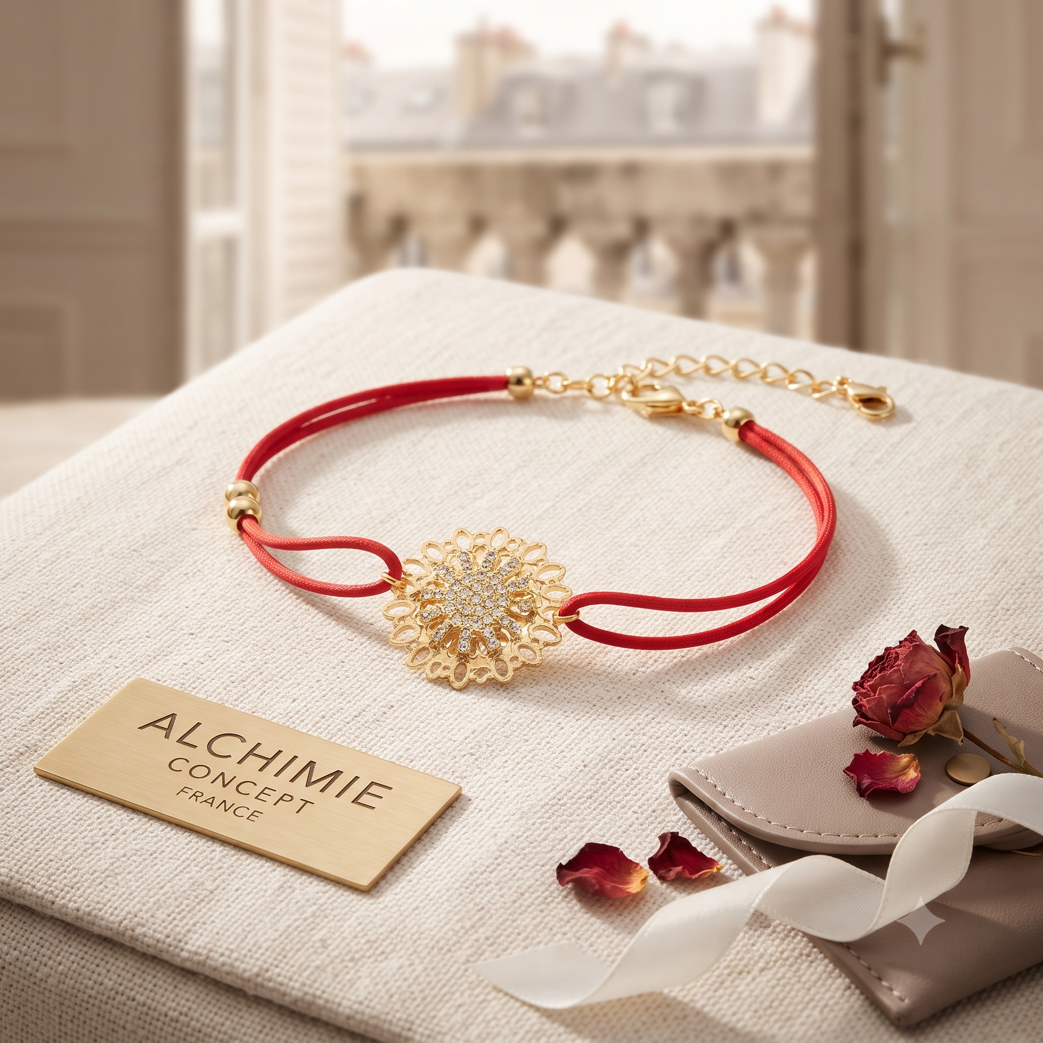 * Bracelet Double Cordon Rouge Fleur CZ & Perles Dorées – Plaqué Or | Alchimie Concept France