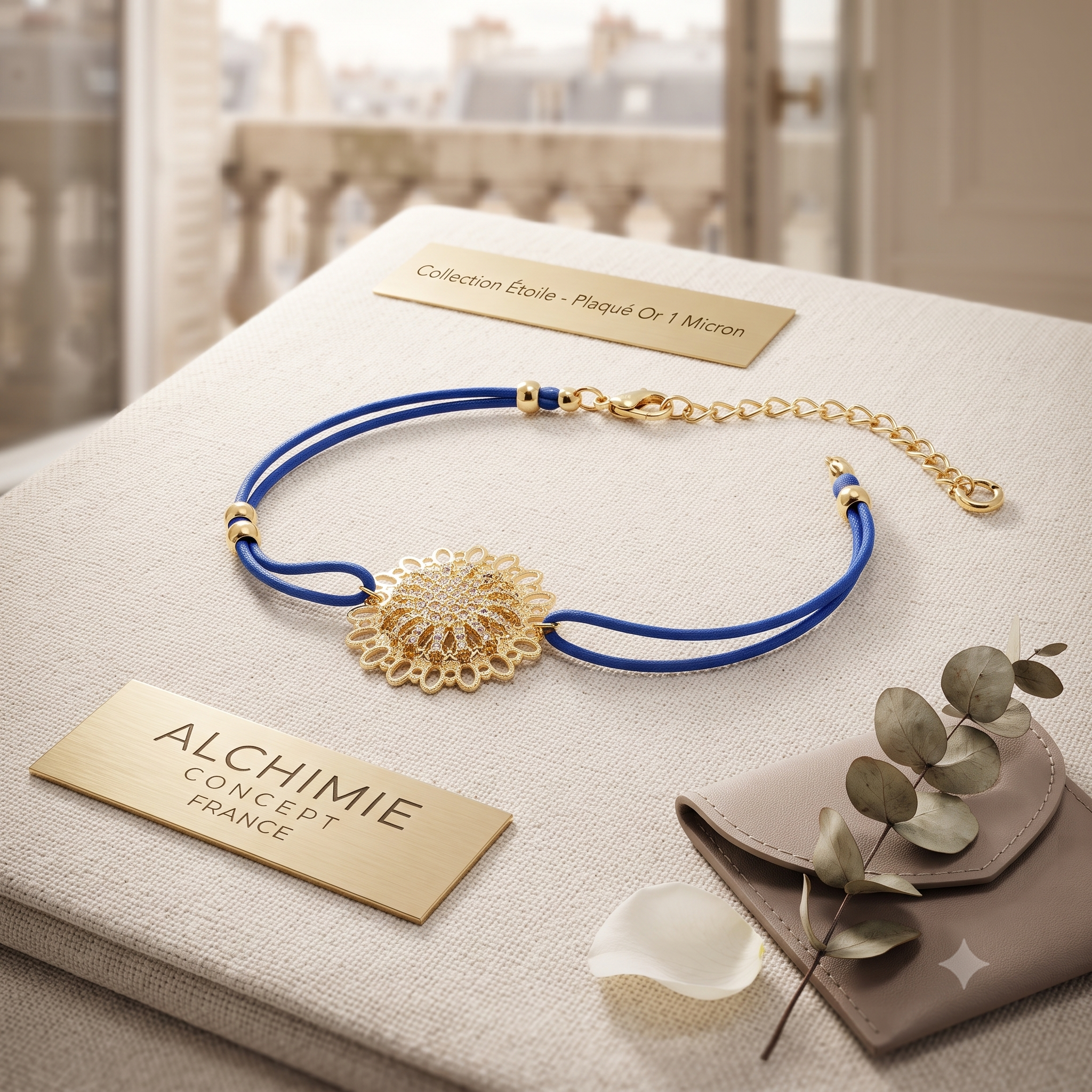 * Bracelet Cordon Bleu Rosace Strass Dorée – Zirconiums Brillants | Alchimie Concept France