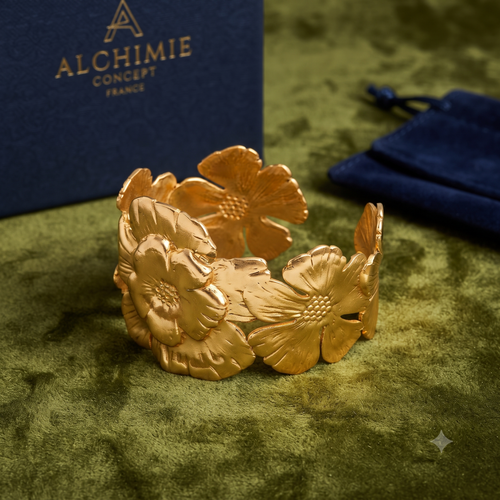 * Bracelet Manchette Femme Doré Grosses Fleurs – Plaqué Or 1 Micron Premium | Bijou Floral Luxe