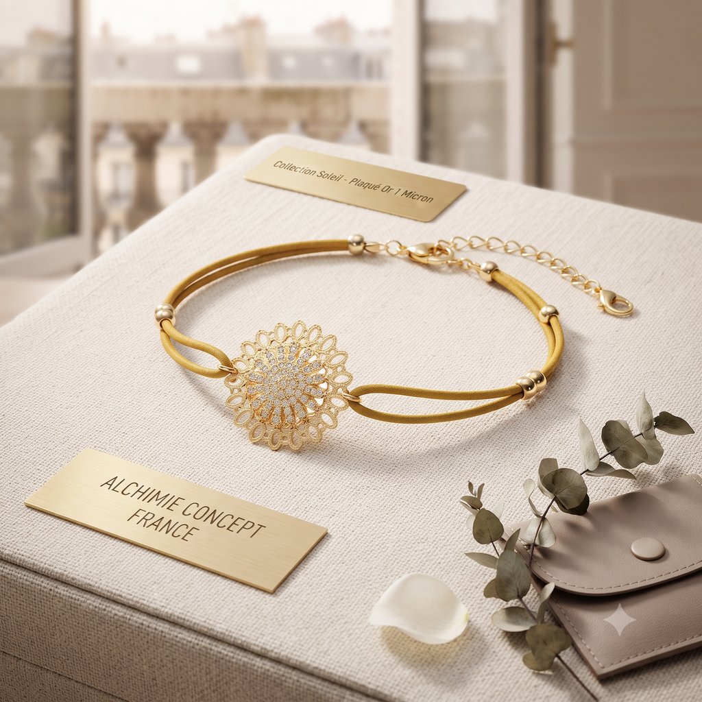 * Bracelet Cordon Jaune Moutarde Rosace Strass Dorée – Zirconiums | Alchimie Concept France