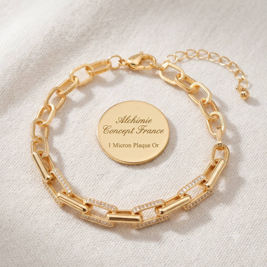 * Bracelet Femme Chaîne Trombone Doré Plaqué Or 1 Micron — Diamants CZ 17+4 cm