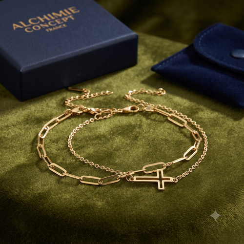 * Ensemble 2 Bracelets Femme Souples Croix Maille Trombone Doré – Plaqué Or 1 Micron | Bijou Élégant