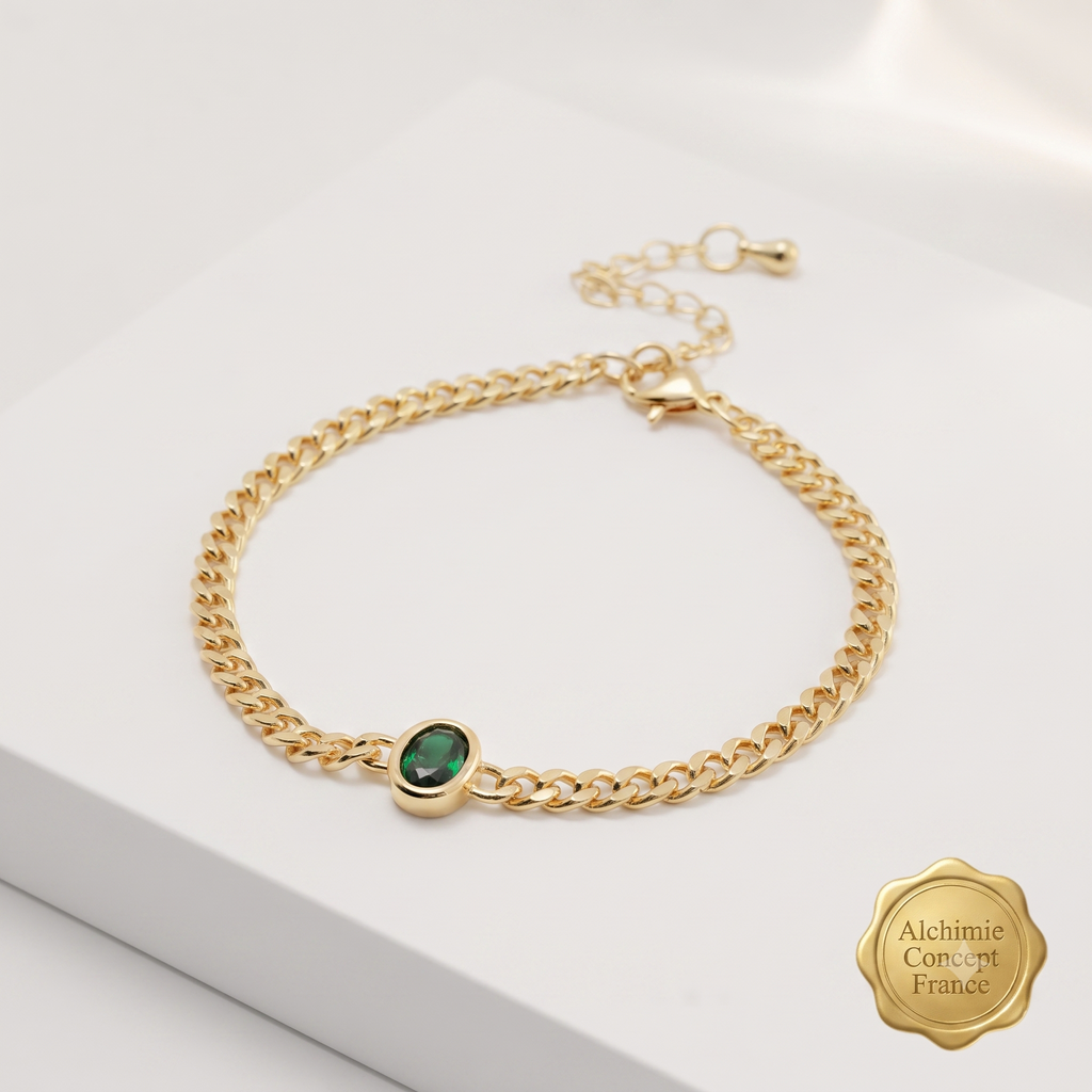 * Bracelet Femme Souple Doré Plaqué Or 1 Micron — Pendant Ovale Vert 18+5 cm