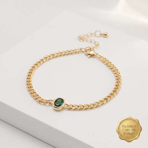 * Bracelet Femme Souple Doré Plaqué Or 1 Micron — Pendant Ovale Vert 18+5 cm