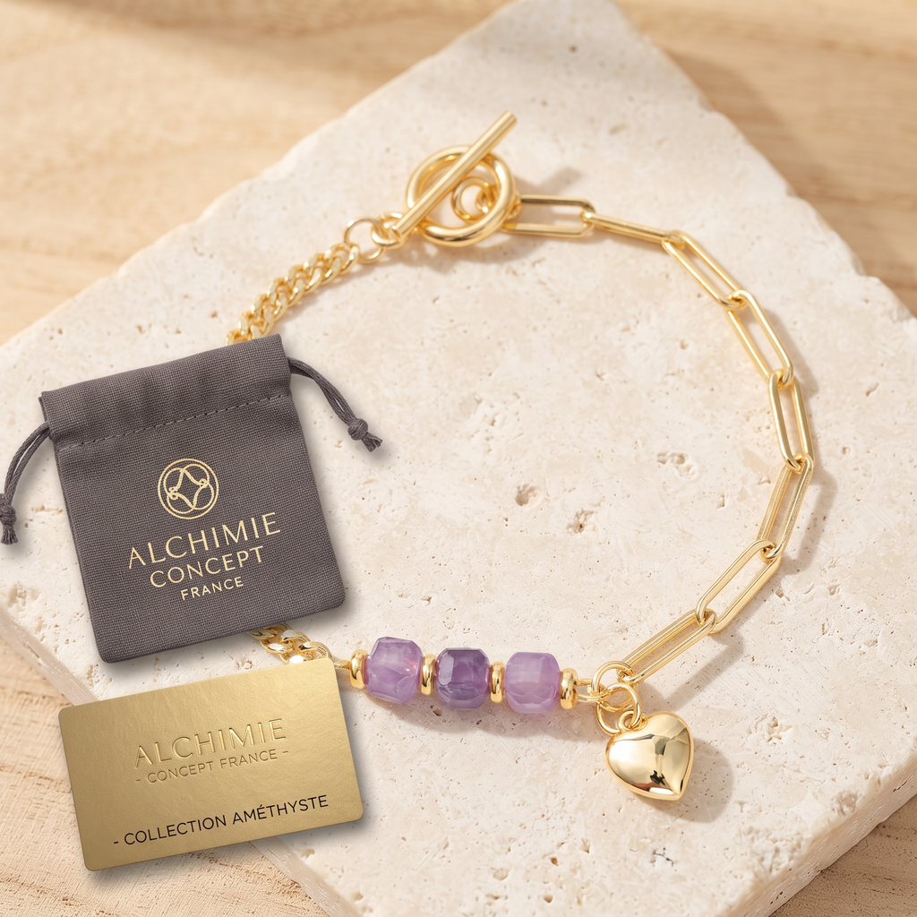 * Bracelet Femme Doré Or Fin – Breloque Cœur & Pierres Améthyste Naturelle | Plaqué Or 1 Micron Premium
