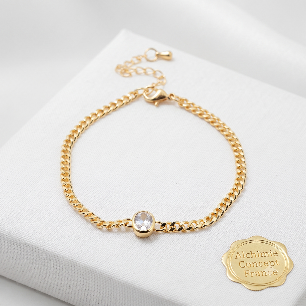 * Bracelet Femme Doré Pendant Ovale Blanc – Plaqué Or 1 Micron