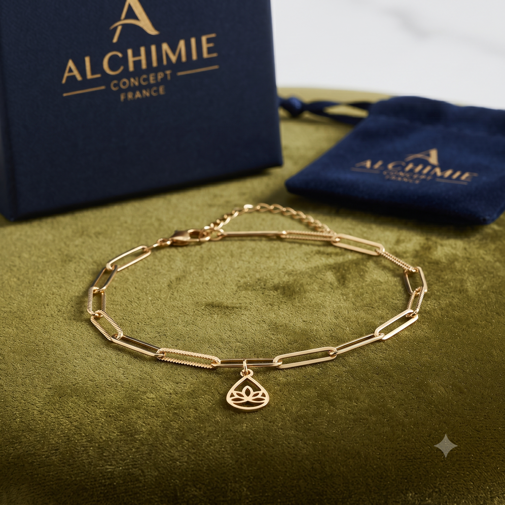 * Bracelet Femme Souple Breloque Lotus Doré Or 18K – Plaqué Or 1 Micron Premium | Bijou Zen Élégant
