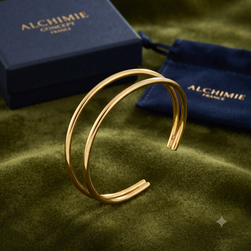 * Bracelet Manchette Femme Doré 2 Rangs – Plaqué Or 1 Micron Premium | Bijou Élégant Intemporel