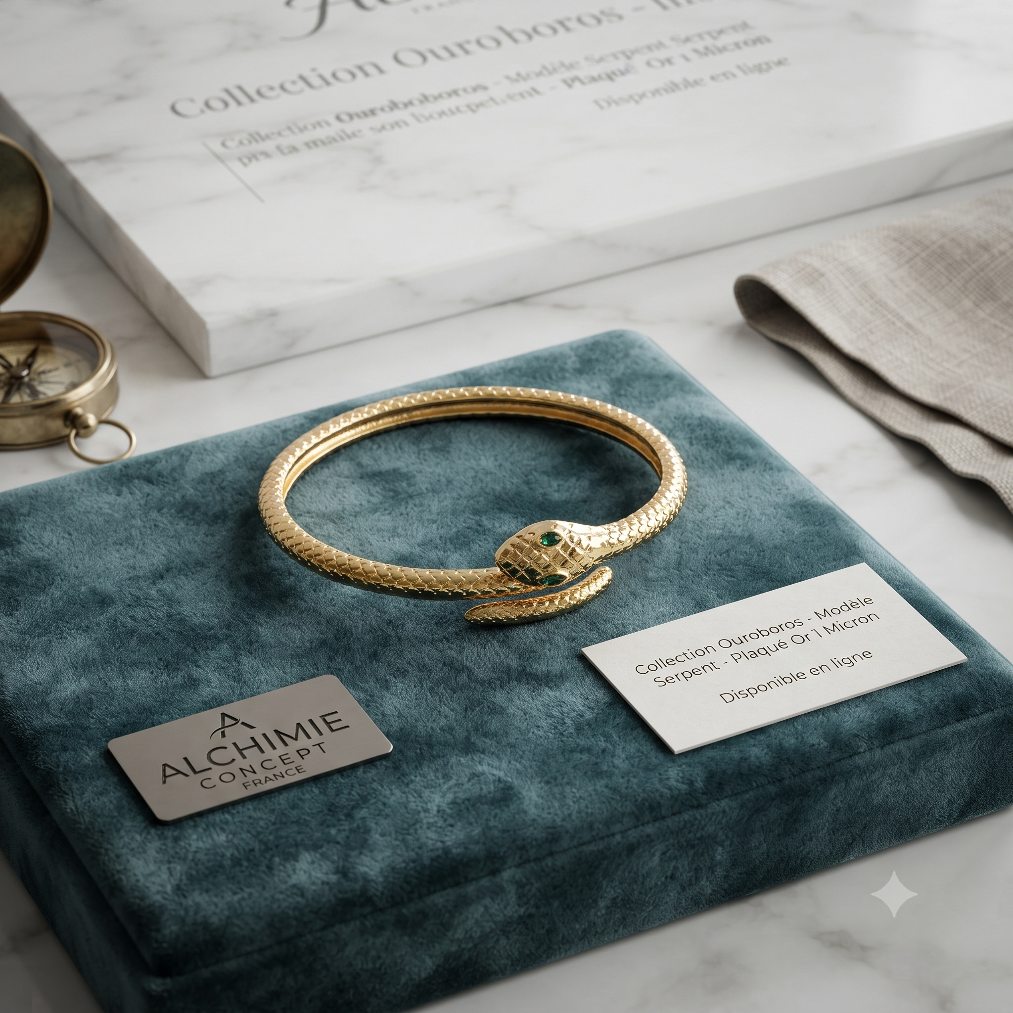 * Bracelet Jonc Serpent Doré Yeux Verts – Plaqué Or 1 Micron | 60 mm