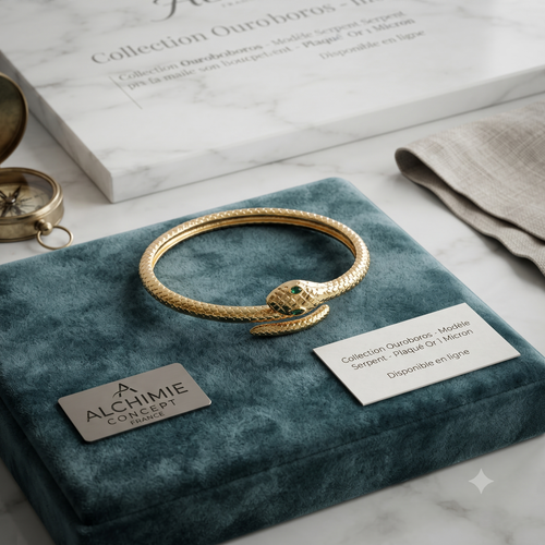 * Bracelet Jonc Serpent Doré Yeux Verts – Plaqué Or 1 Micron | 60 mm
