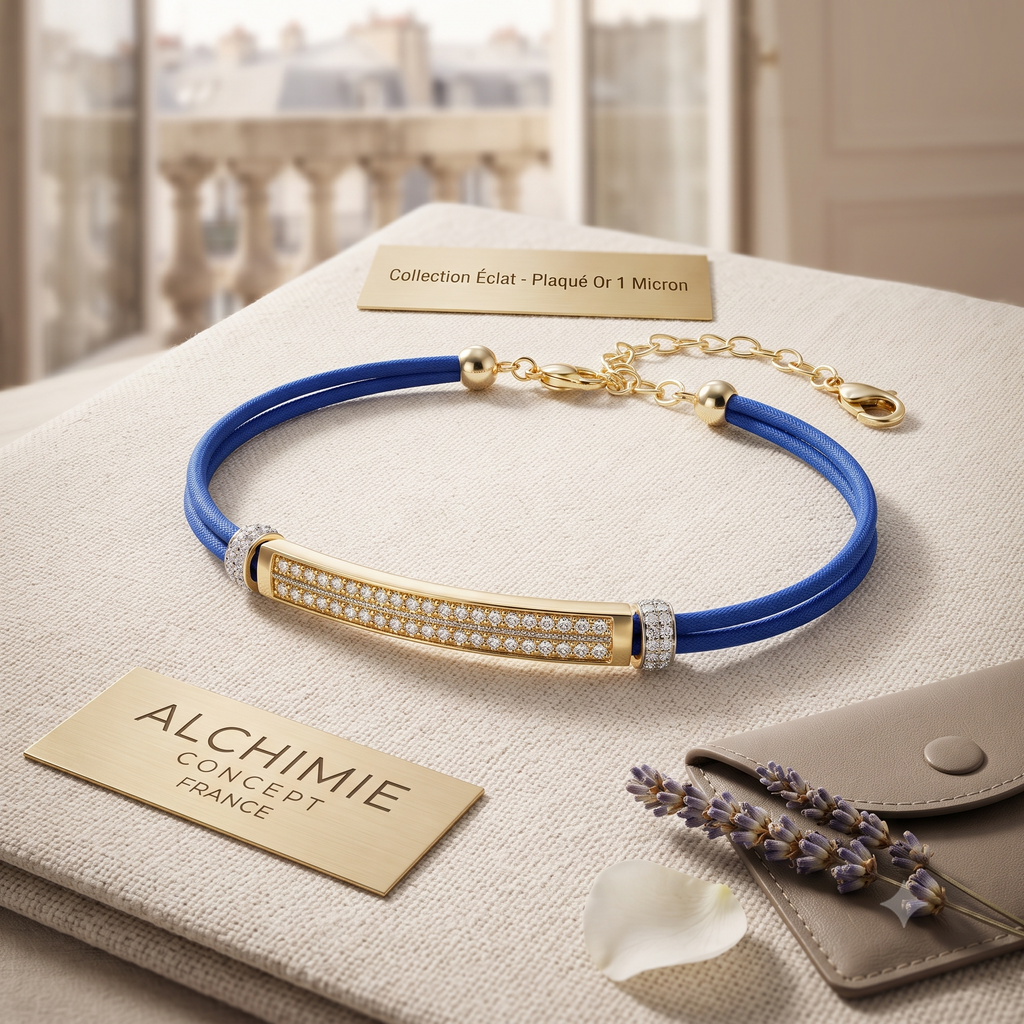 * Bracelet Cordon Bleu Plaque Strass Dorée – Zirconiums Brillants | Alchimie Concept France
