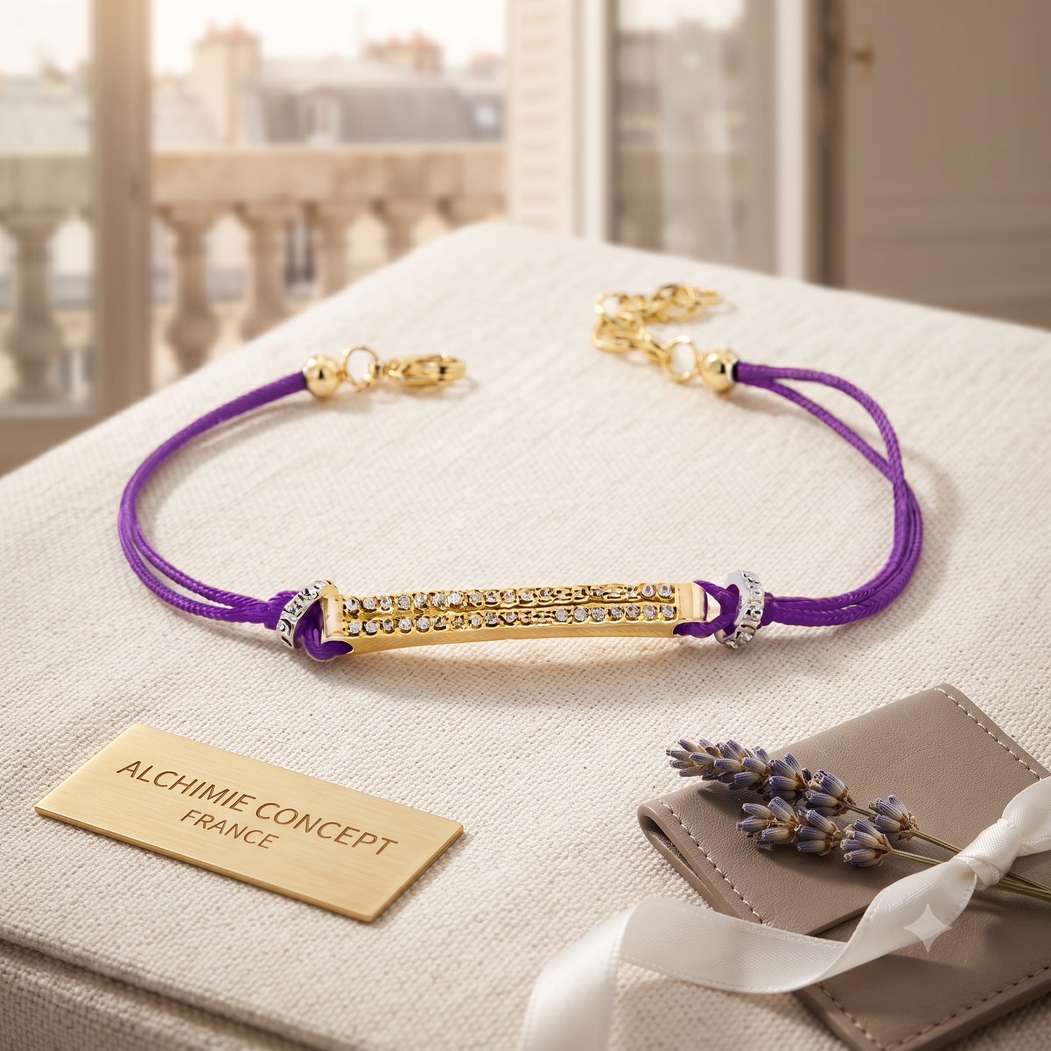 * Bracelet Cordon Violet & Plaque Strass Dorée – Zirconiums Brillants | Alchimie Concept France