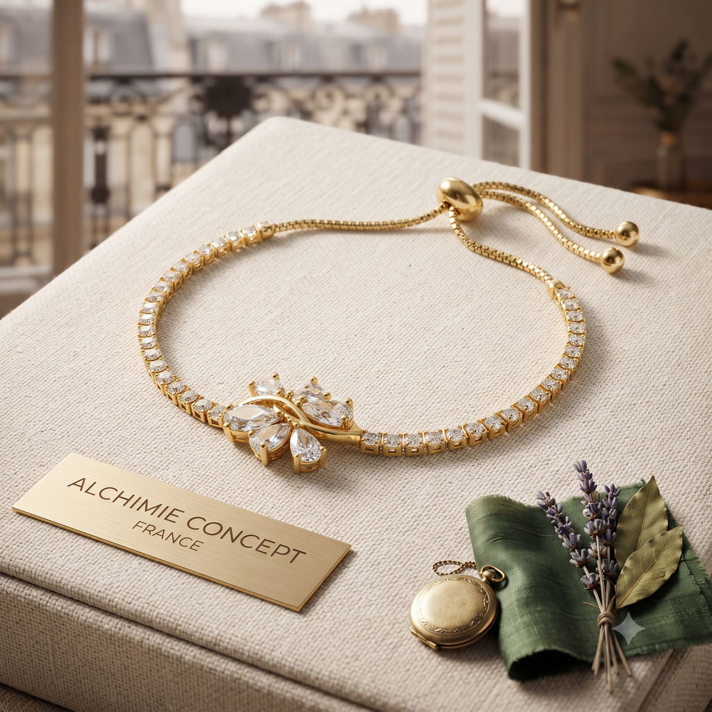 * Bracelet Souple Fin Petites Fleurs Ciselées Strass Doré – Plaqué Or | Alchimie Concept France