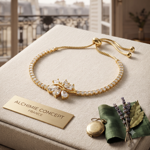* Bracelet Souple Fin Petites Fleurs Ciselées Strass Doré – Plaqué Or | Alchimie Concept France