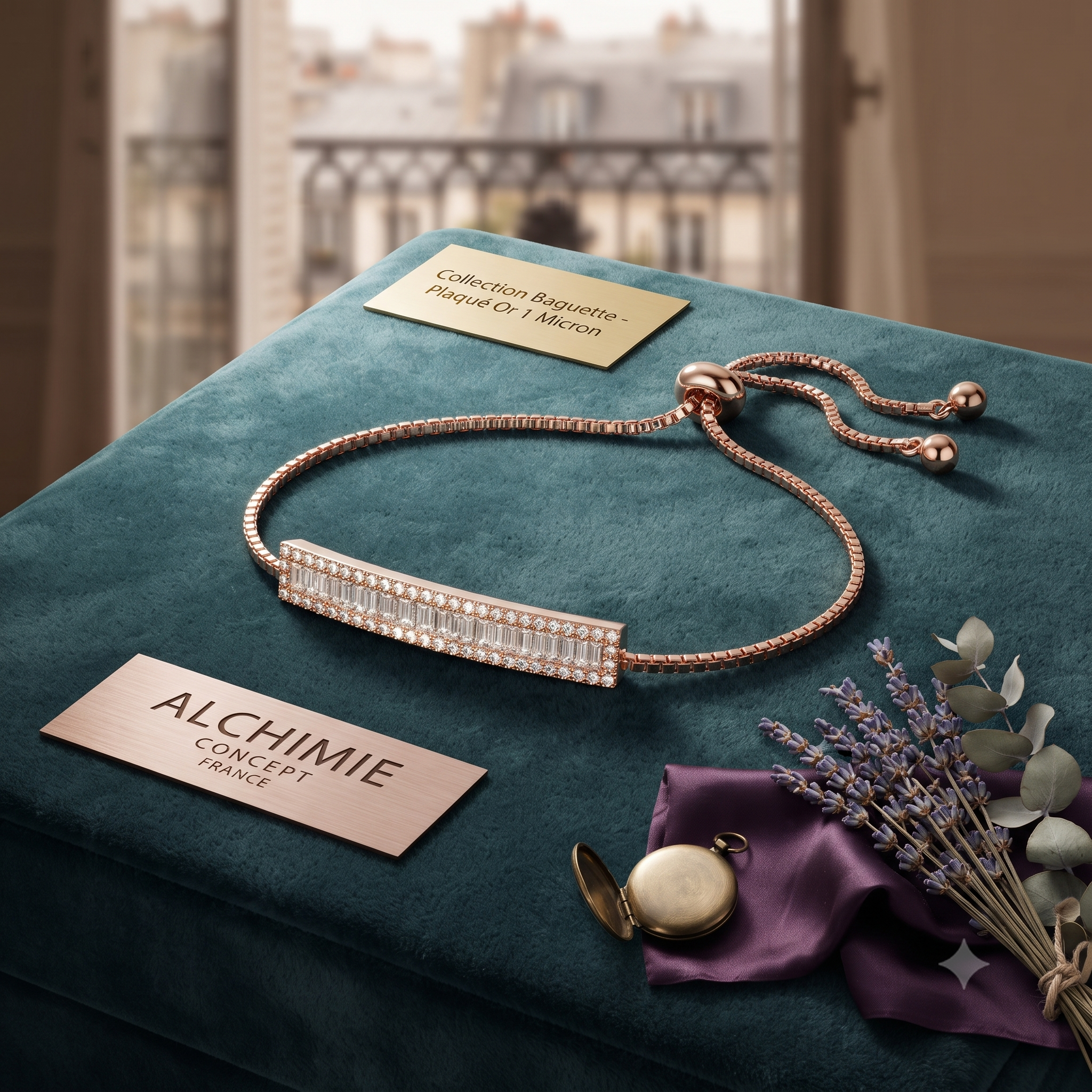 * Bracelet Luxe Serti Or Rose – Plaque Diamants CZ | Collection Alchimie Concept France