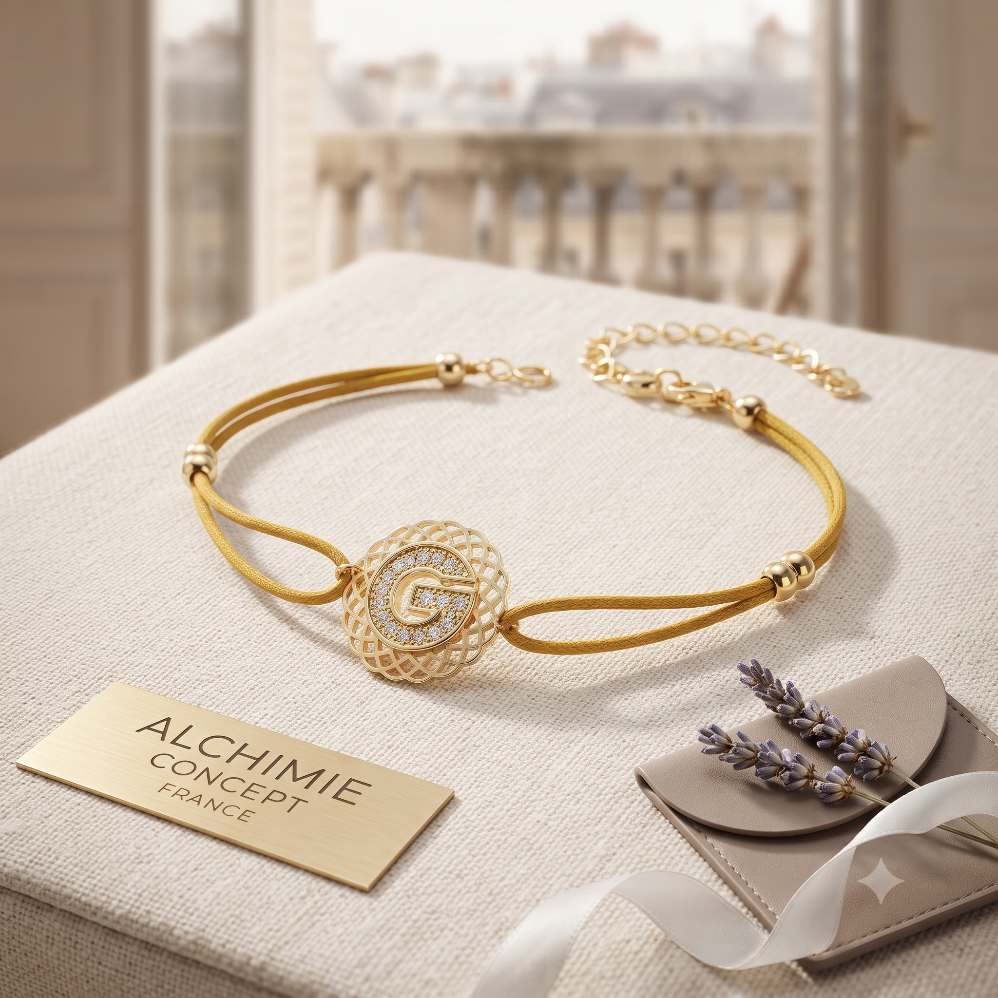 * Bracelet Cordon Jaune Moutarde Lettre G Strass – Rosace Zirconiums Doré | Alchimie Concept France