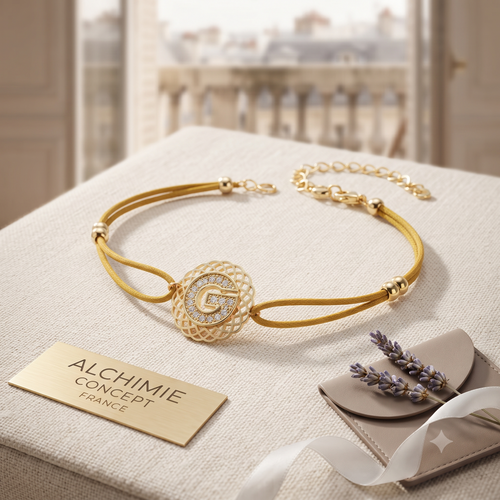* Bracelet Cordon Jaune Moutarde Lettre G Strass – Rosace Zirconiums Doré | Alchimie Concept France
