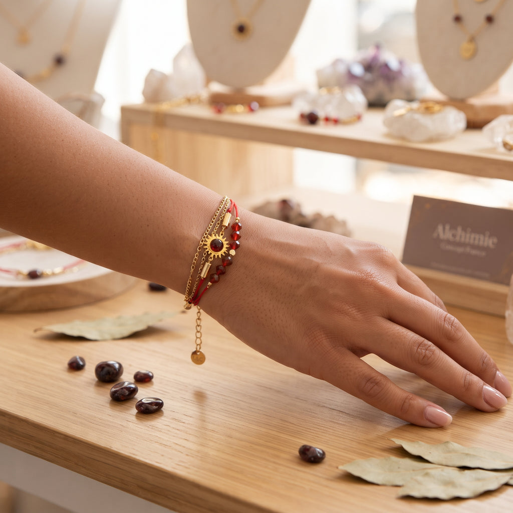 Bracelet Femme 3 Rangs Agate Rouge – Finition Acier