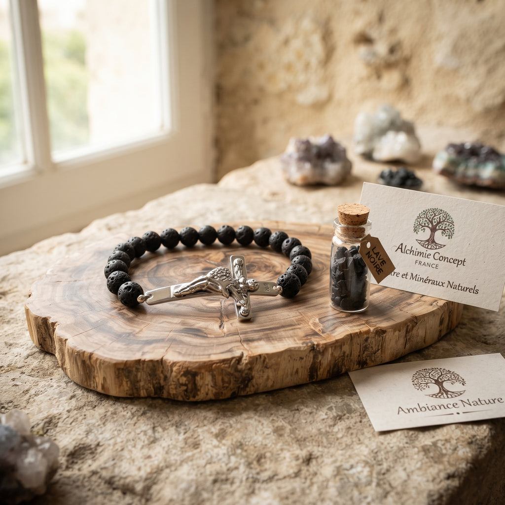 Bracelet Acier 316 Johnny Hallyday – Pierre de Lave Noire