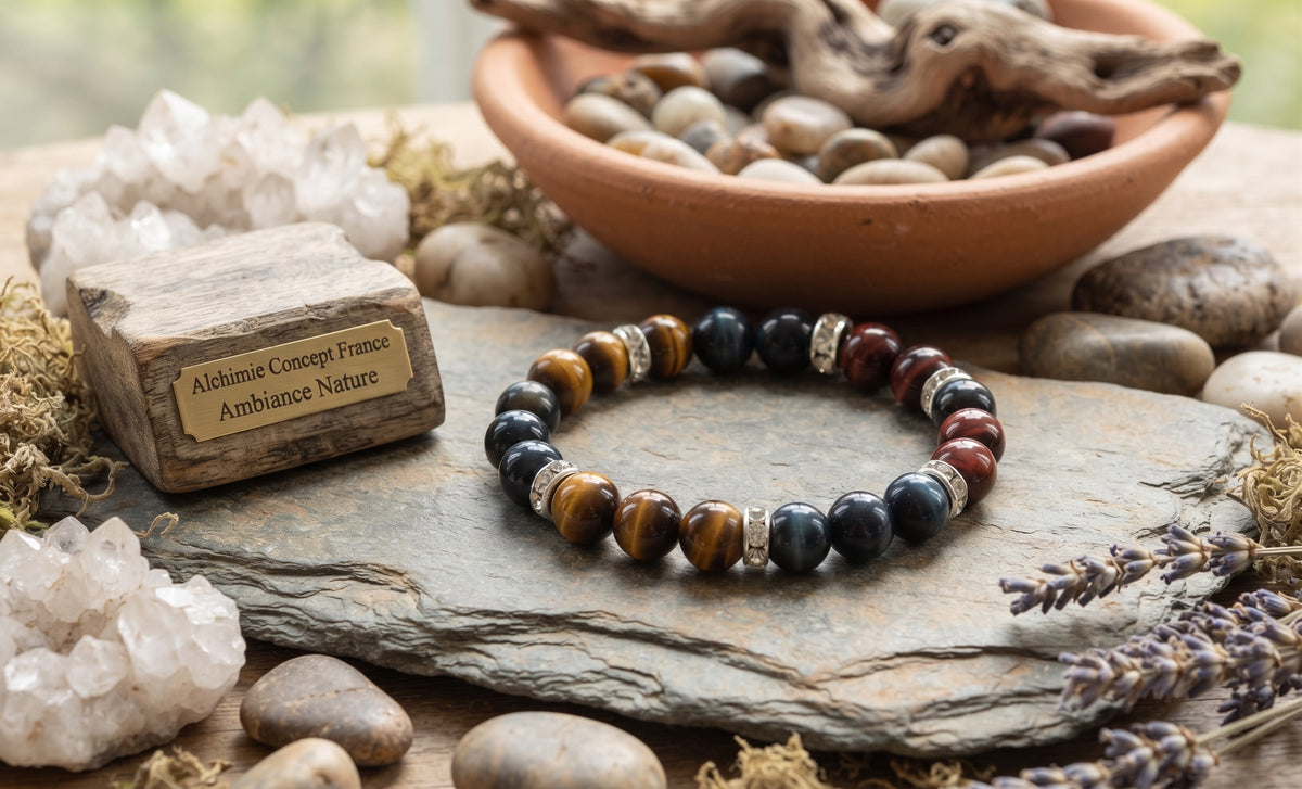 Bracelet Protection 3 Œil Naturel – Tigre, Taureau & Faucon – Perles 8mm