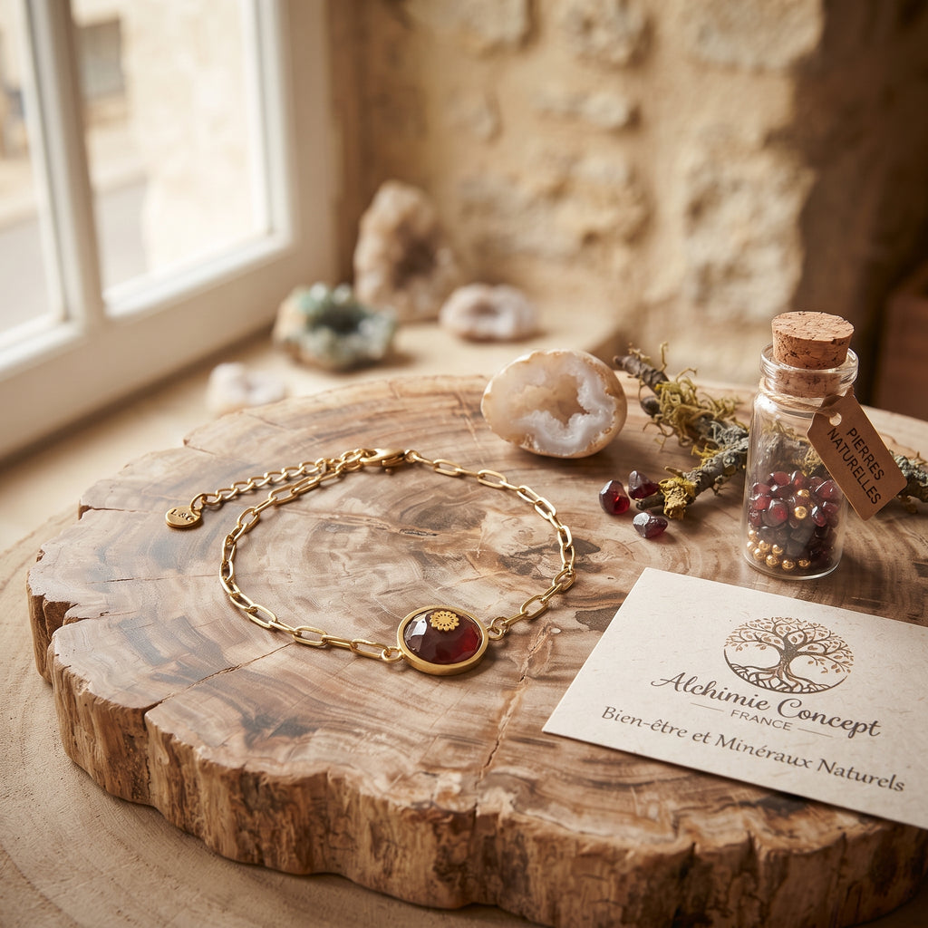 Bracelet Acier Rosace Doré – Agate Rouge – Pierre Naturelle