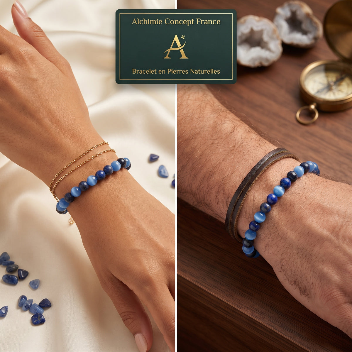 Bracelet Lapis Lazuli & Œil de Chat – Pierres Naturelles 6mm Élastique Homme & Femme