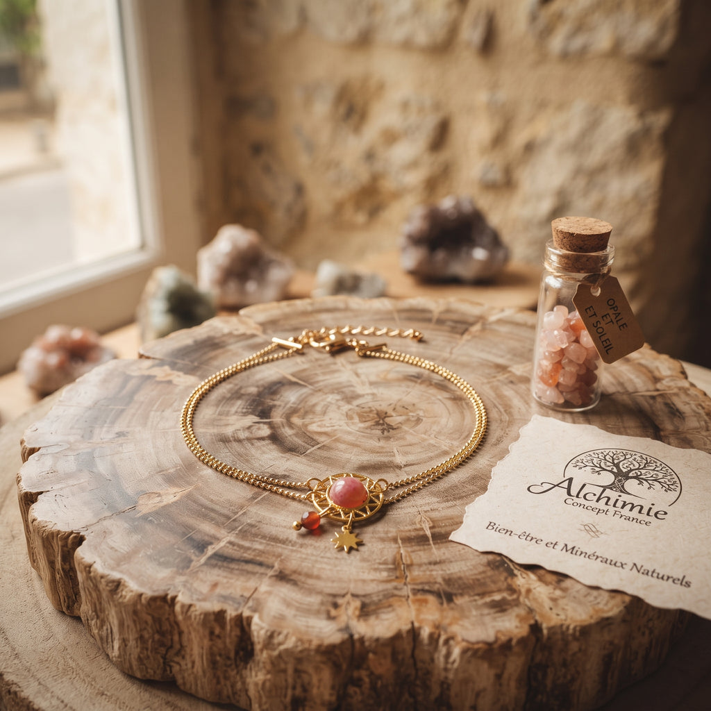 Bracelet Rhodonite Double Chaîne Acier – Breloques Étoiles