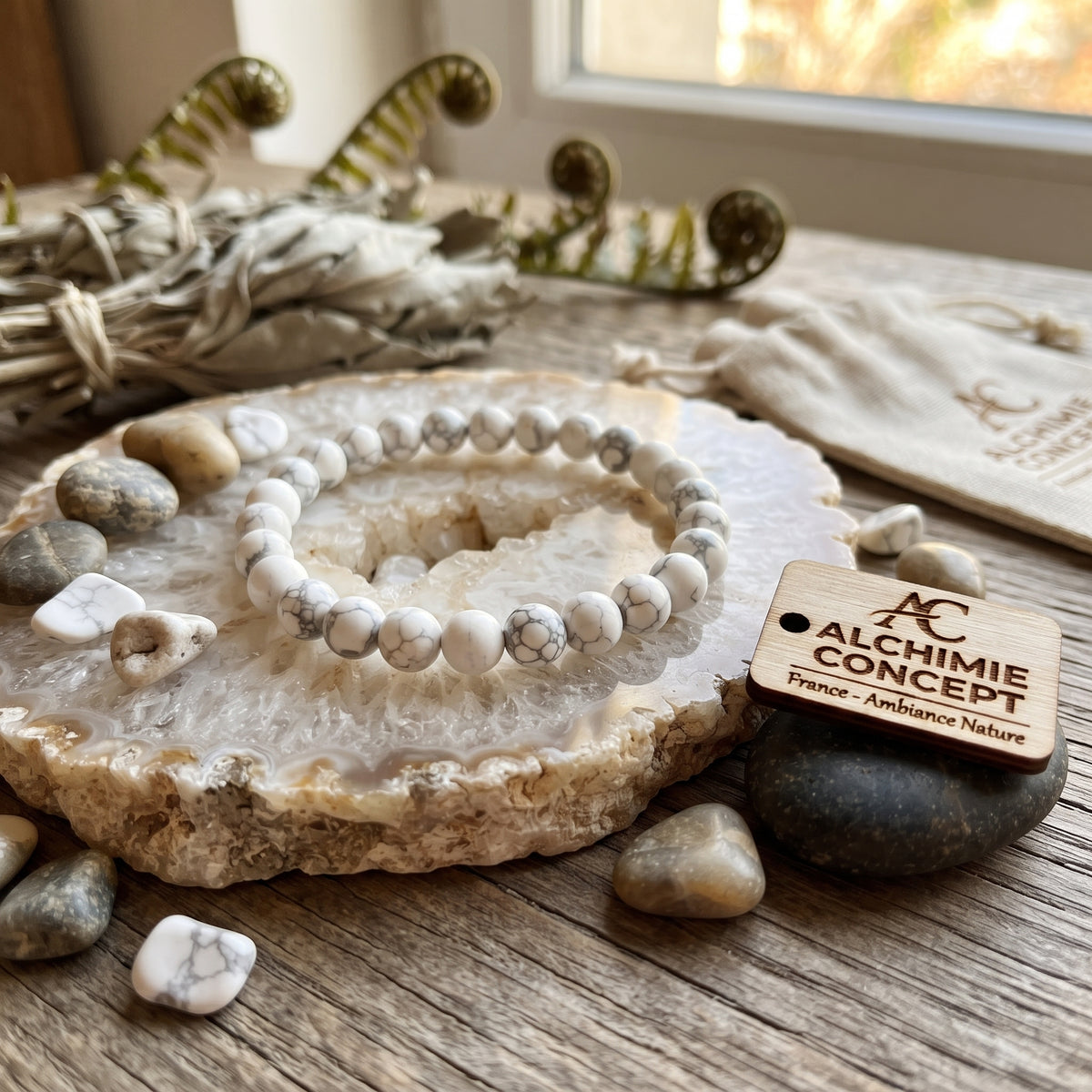 Bracelet Howlite Pierre Naturelle 10 mm – Élastique Unisexe