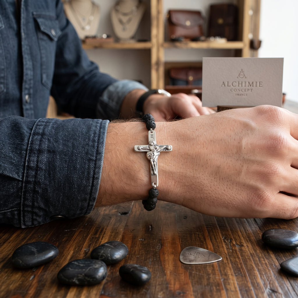 Bracelet Acier 316 Johnny Hallyday – Pierre de Lave Noire