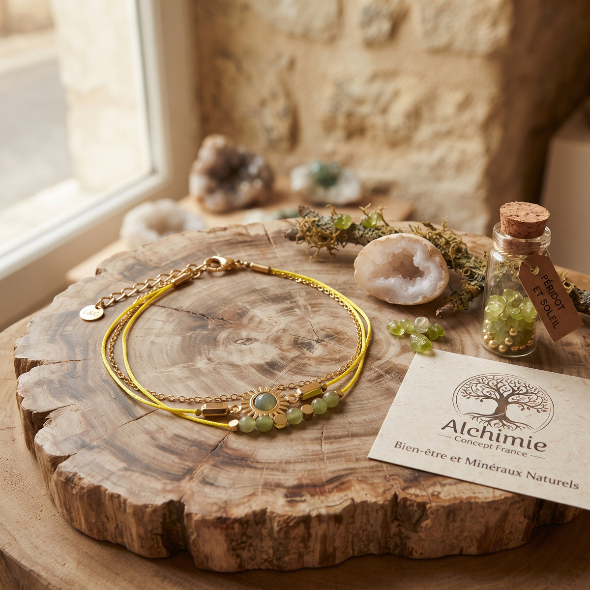 Bracelet Femme 3 Rangs Pierre Moutarde – Finition Acier