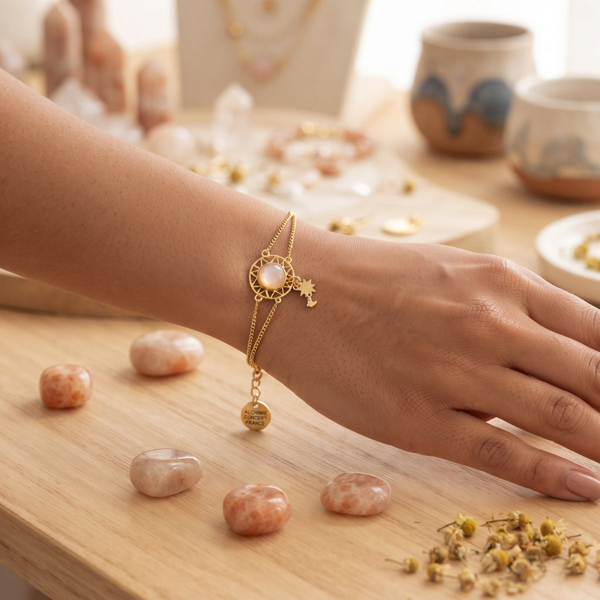 Bracelet Pierre de Lune Double Chaîne Acier – Breloques Étoiles